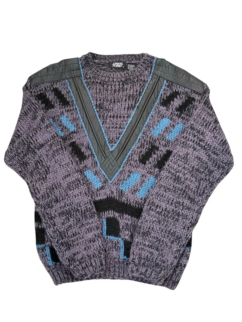 VTG 80s Geometric Chunky Knit Sweater Purple Black Leather Trim Crewneck Small